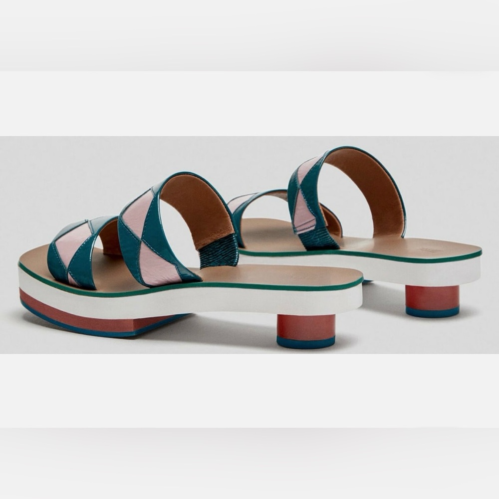 NIB Zara Studio Asian Style Leather Clogs Sandals Pink Dark Teal - Picture 3 of 8